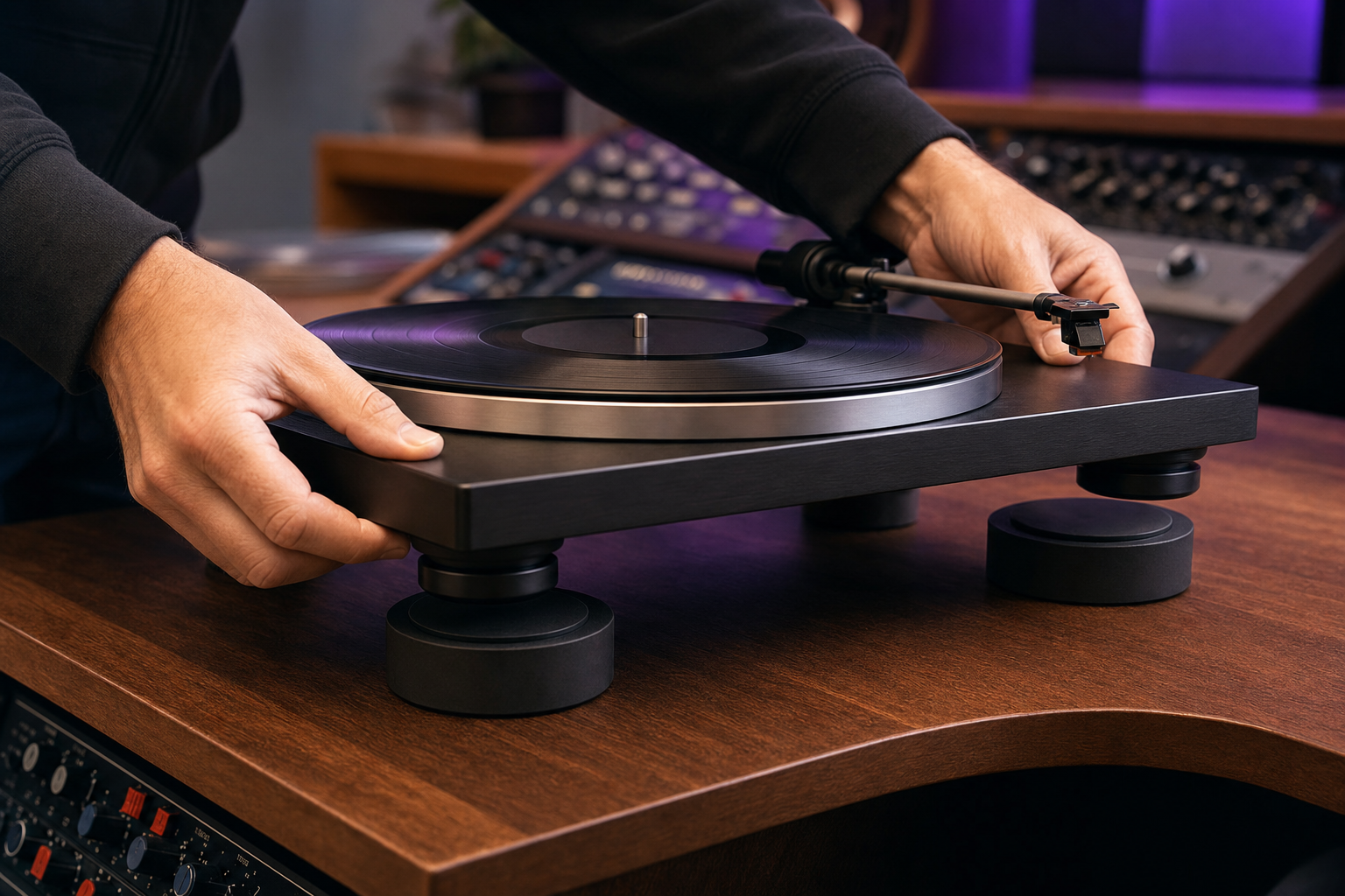 Mains posant une platine vinyle sur un plot antivibratoire en caoutchouc noir